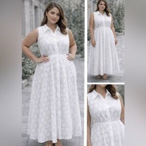 K & Company White Sleeveless Maxi Shirt Dress Size 14 Polka Dot 100% Cotton